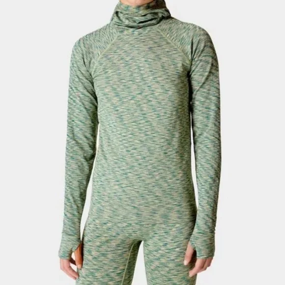 SWEATY BETTY SPACEDYE HOODED BASE LAYER TOP Women size 8 Terrain Green Medium - Picture 2 of 6